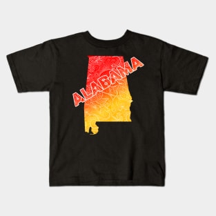 Colorful mandala art map of Alabama with text in red and orange Kids T-Shirt